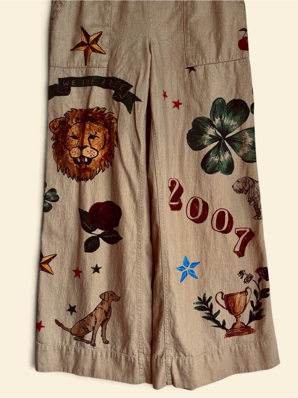 We The Free Breezy Printed Denim Pull On Jeans Size Medium Khaki Combo Pockets - Picture 5 of 16